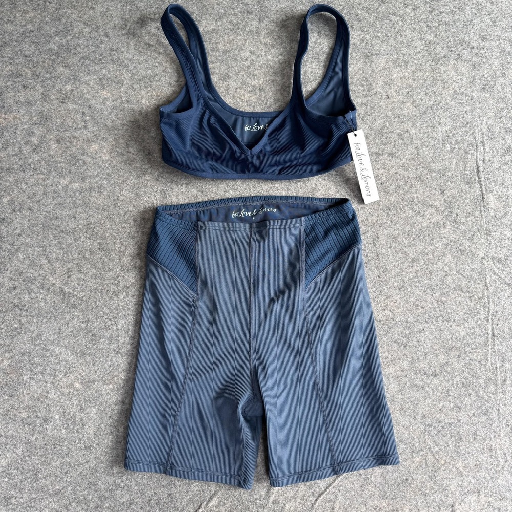 For Love & Lemons Sports Bra Shorts Set Womens Large Blue Ribbed Activewear Gym